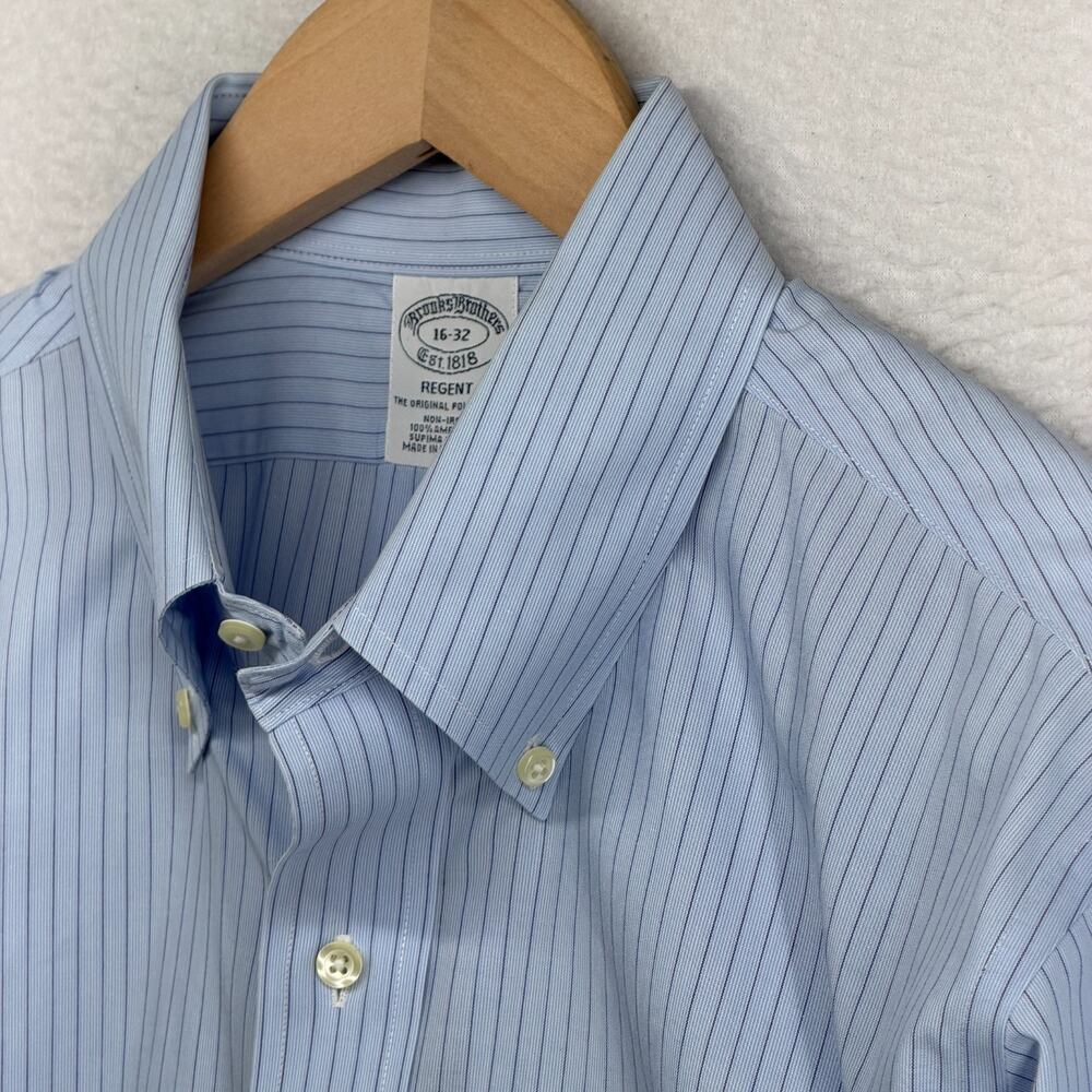 BROOKS BROTHERS Shirt Mens 16-32 REGENT Dress Poplin Pinstripe Non Iron Blue